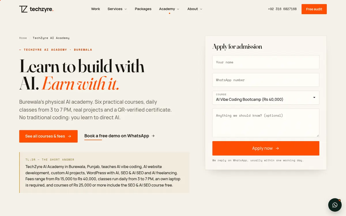 The TechZyre AI Academy page with an admission form and the course list