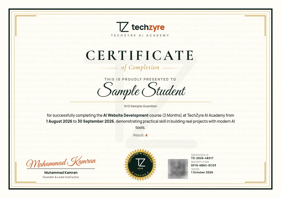 Sample TechZyre AI Academy certificate of completion with a certificate ID, security code and QR code. The name is a sample, not a real student
