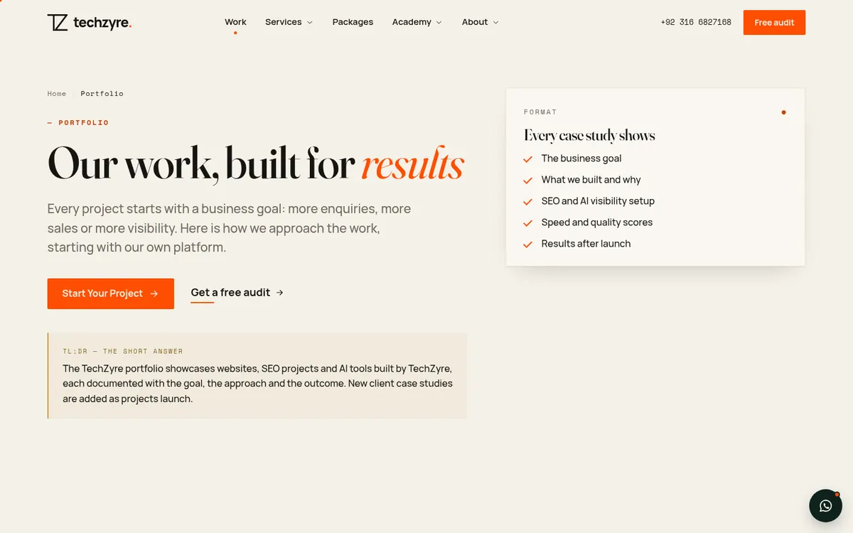 The TechZyre portfolio page on a desktop screen, explaining what every case study shows