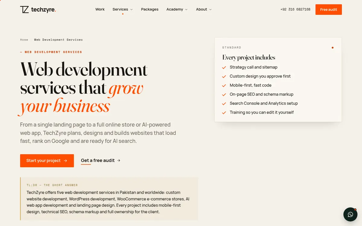 A page of the TechZyre website: web development services, with a short answer box and a list of what every project includes